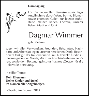 Traueranzeige von Dagmar Wimmer von Mitteldeutsche Zeitung Bitterfeld
