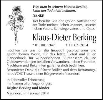 Traueranzeige von Klaus-Dieter Berking von Mitteldeutsche Zeitung Halle/Saalkreis