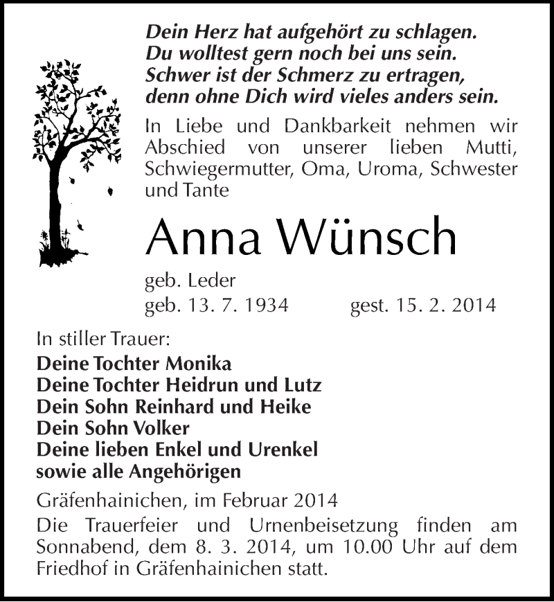  Traueranzeige für Anna Wünsch vom 01.03.2014 aus Mitteldeutsche Zeitung Wittenberg