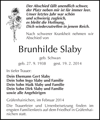 Traueranzeige von Brunhilde Slaby von Mitteldeutsche Zeitung Wittenberg