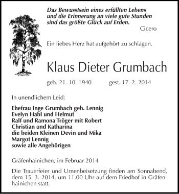 Traueranzeige von Klaus Dieter Grumbach von Mitteldeutsche Zeitung Wittenberg