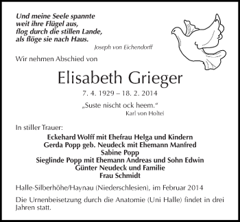 Traueranzeige von Elisabeth Grieger von Mitteldeutsche Zeitung Halle/Saalkreis