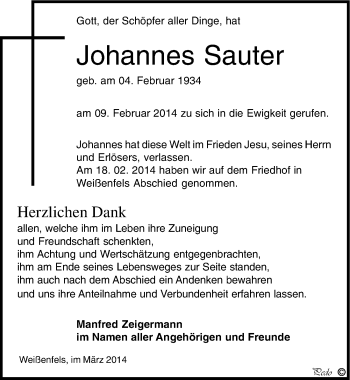 Traueranzeige von Johannes Sauter von Mitteldeutsche Zeitung Weißenfels