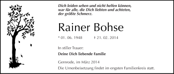 Traueranzeige von Rainer Bohse von Mitteldeutsche Zeitung Quedlinburg