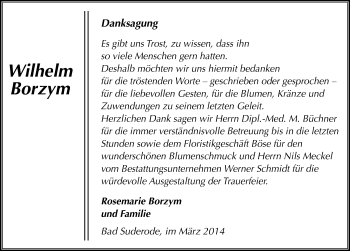 Traueranzeige von Wilhelm Borzym von Mitteldeutsche Zeitung Quedlinburg
