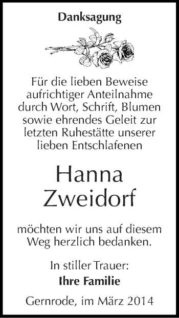 Traueranzeige von Hanna Zweidorf von Mitteldeutsche Zeitung Quedlinburg