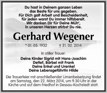Traueranzeige von Gerhard Wegener von Mitteldeutsche Zeitung Dessau-Roßlau