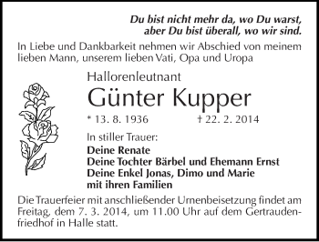 Traueranzeige von Günter Kupper von Mitteldeutsche Zeitung Halle/Saalkreis