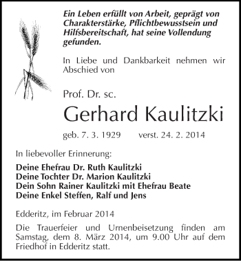 Traueranzeige von Gerhard Kaulitzki von Mitteldeutsche Zeitung Köthen