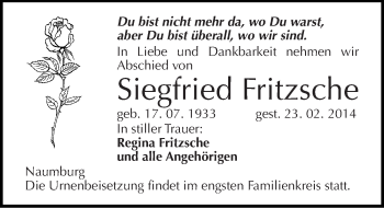 Traueranzeige von Siegfried Fritzsche von Mitteldeutsche Zeitung Naumburg/Nebra