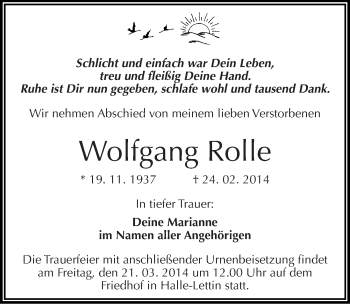 Traueranzeige von Wolfgang Rolle von Mitteldeutsche Zeitung Halle/Saalkreis