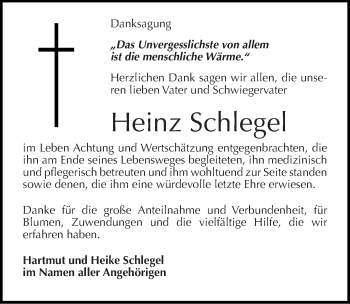 Traueranzeige von Heinz Schlegel von Mitteldeutsche Zeitung Naumburg/Nebra