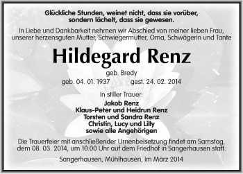 Traueranzeige von Hildegard Renz von Mitteldeutsche Zeitung Sangerhausen