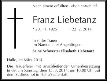 Traueranzeige von Franz Liebetanz von Mitteldeutsche Zeitung Halle/Saalkreis