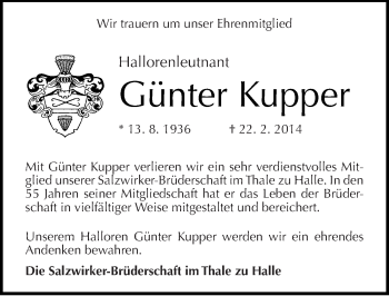 Traueranzeige von Günter Kupper von Mitteldeutsche Zeitung Halle/Saalkreis