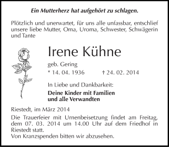 Traueranzeige von Irene Kühne von Mitteldeutsche Zeitung Sangerhausen