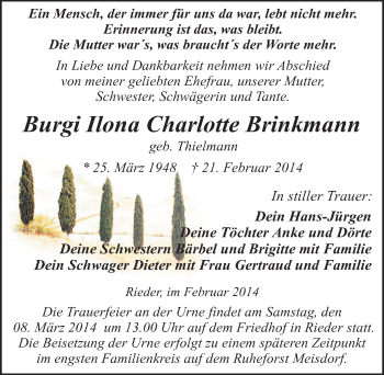 Traueranzeige von Burgi Ilona Charlotte Brinkmann von Mitteldeutsche Zeitung Quedlinburg