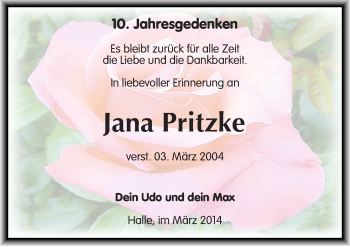 Traueranzeige von Jana Pritzke von Mitteldeutsche Zeitung Halle/Saalkreis
