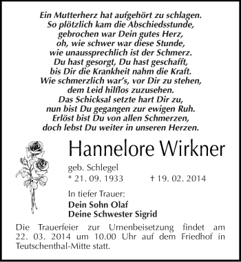 Traueranzeige von Hannelore Wirkner von Mitteldeutsche Zeitung Halle/Saalkreis