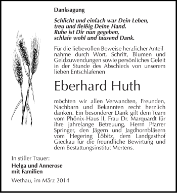 Traueranzeige von Eberhard Huth von Mitteldeutsche Zeitung Naumburg/Nebra