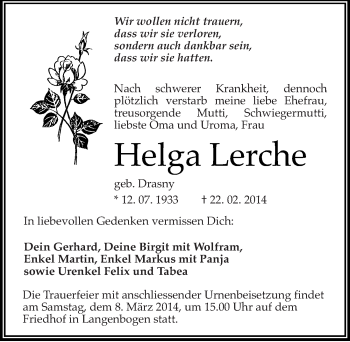 Traueranzeige von Helga Lerche von Mitteldeutsche Zeitung Halle/Saalkreis