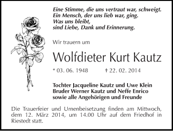 Traueranzeige von Wolfdieter Kurt Kautz von Mitteldeutsche Zeitung Sangerhausen