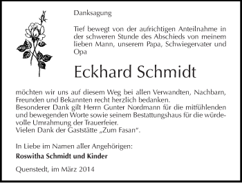 Traueranzeige von Eckhard Schmidt von Mitteldeutsche Zeitung Mansfelder Land
