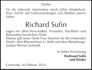 Traueranzeige von Richard Sufin von Mitteldeutsche Zeitung Quedlinburg