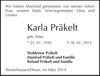Traueranzeige von Karla Präkelt von Mitteldeutsche Zeitung Mansfelder Land