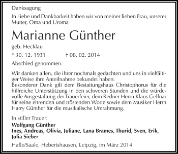 Traueranzeige von Marianne Günther von Mitteldeutsche Zeitung Halle/Saalkreis