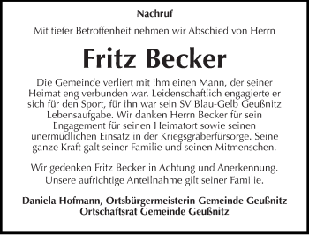 Traueranzeige von Fritz Becker von Mitteldeutsche Zeitung Zeitz