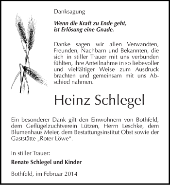 Traueranzeige von Heinz Schlegel von Mitteldeutsche Zeitung Weißenfels