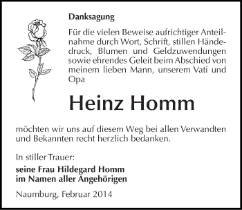 Traueranzeige von Heinz Homm von Mitteldeutsche Zeitung Naumburg/Nebra