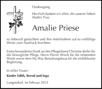 Traueranzeige von Amalie Priese von Mitteldeutsche Zeitung Weißenfels