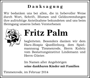 Traueranzeige von Fritz Palm von Mitteldeutsche Zeitung Quedlinburg