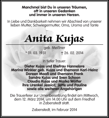 Traueranzeige von Anita Kujas von Mitteldeutsche Zeitung Mansfelder Land
