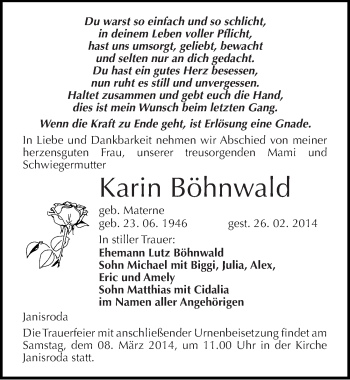 Traueranzeige von Karin Böhnwald von Mitteldeutsche Zeitung Naumburg/Nebra