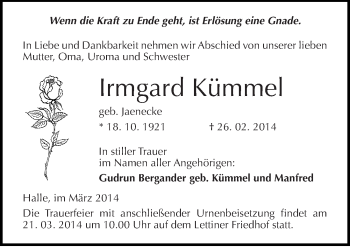 Traueranzeige von Irmgard Kümmel von Mitteldeutsche Zeitung Halle/Saalkreis