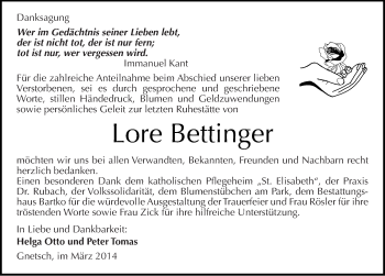 Traueranzeige von Lore Bettinger von Mitteldeutsche Zeitung Köthen