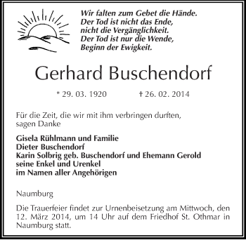 Traueranzeige von Gerhard Buschendorf von Mitteldeutsche Zeitung Naumburg/Nebra
