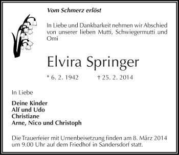 Traueranzeige von Elvira Springer von Mitteldeutsche Zeitung Bitterfeld