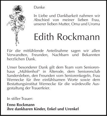 Traueranzeige von Edith Rockmann von Mitteldeutsche Zeitung Mansfelder Land