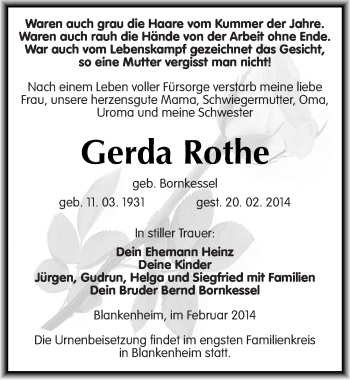 Traueranzeige von Gerda Rothe von Mitteldeutsche Zeitung Sangerhausen