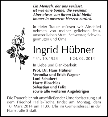 Traueranzeige von Ingrid Hübner von Mitteldeutsche Zeitung Halle/Saalkreis