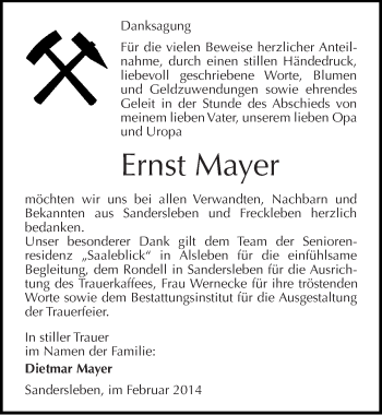 Traueranzeige von Ernst Mayer von Mitteldeutsche Zeitung Mansfelder Land