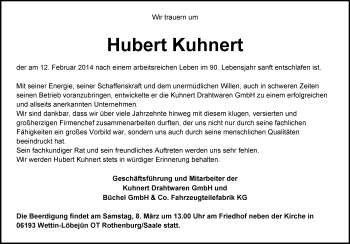 Traueranzeige von Hubert Kuhnert von Mitteldeutsche Zeitung Halle/Saalkreis