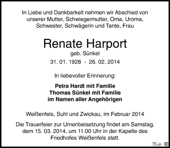 Traueranzeige von Renate Harport von Mitteldeutsche Zeitung Weißenfels