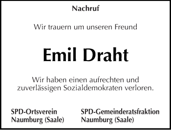 Traueranzeige von Emil Draht von Mitteldeutsche Zeitung Naumburg/Nebra