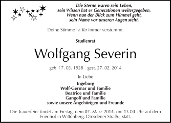 Traueranzeige von Wolfgang Severin von Mitteldeutsche Zeitung Wittenberg