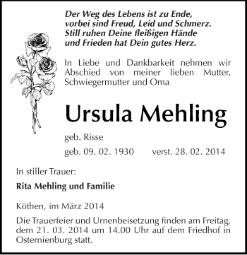 Traueranzeige von Ursula Mehling von Mitteldeutsche Zeitung Köthen